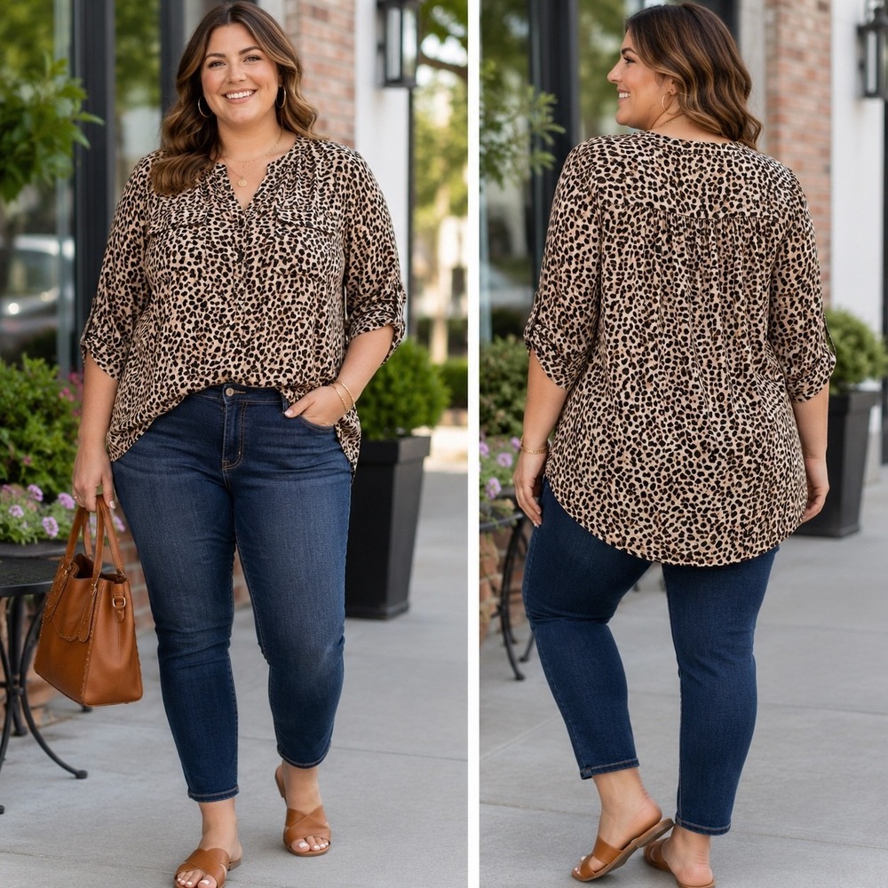 Torrid Harper Animal Print Blouse 1X 14/16 Taupe 3/4 Roll Tab Sleeve Top Relaxed